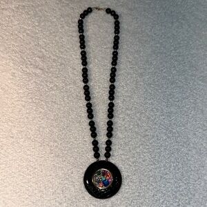 Vintage Black Beaded Necklace with Multicolor Gemstone Medallion Pendant